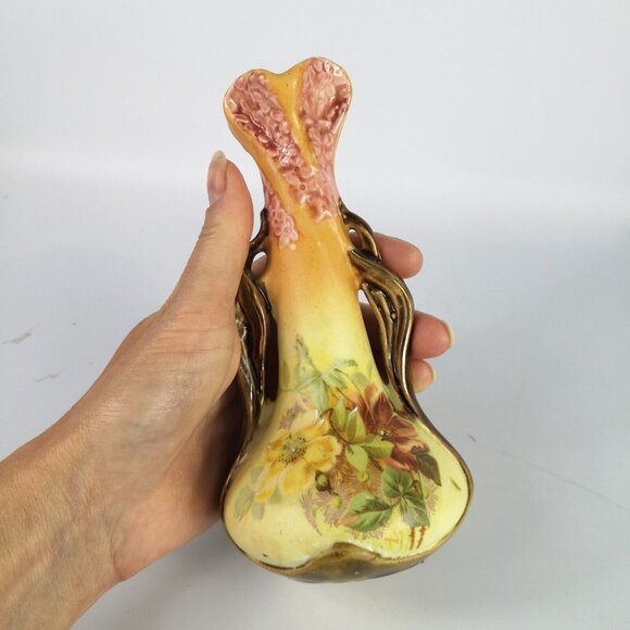 Vintage Miniature Amphora Bud Vase Yellow Pink Brown Floral Teal Inside Boho - Picture 12 of 15